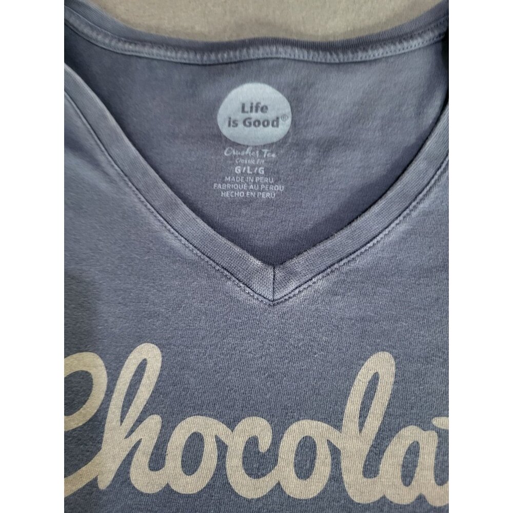 LIFE IS GOOD "Chocolate Nevers Asks Questions" Long Sleeve V Neck T Shirt SZ LG - Picture 7 of 8